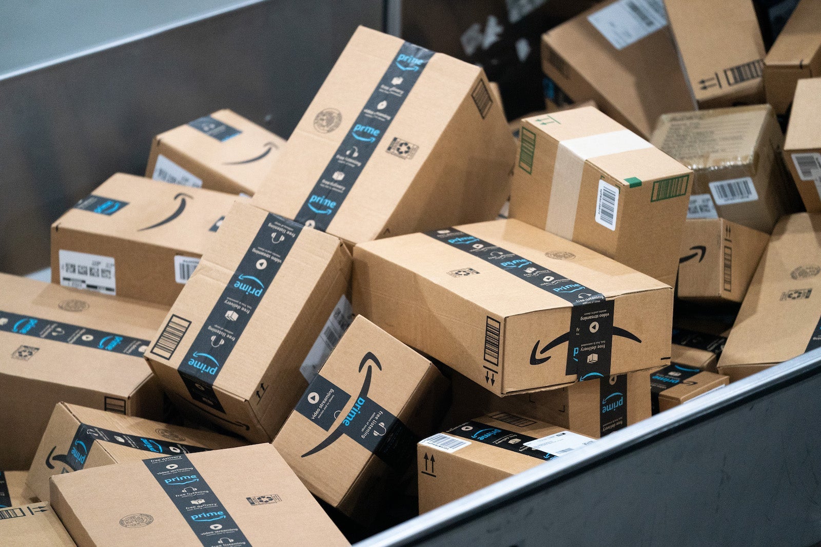 Amazon packages in a sorting facility