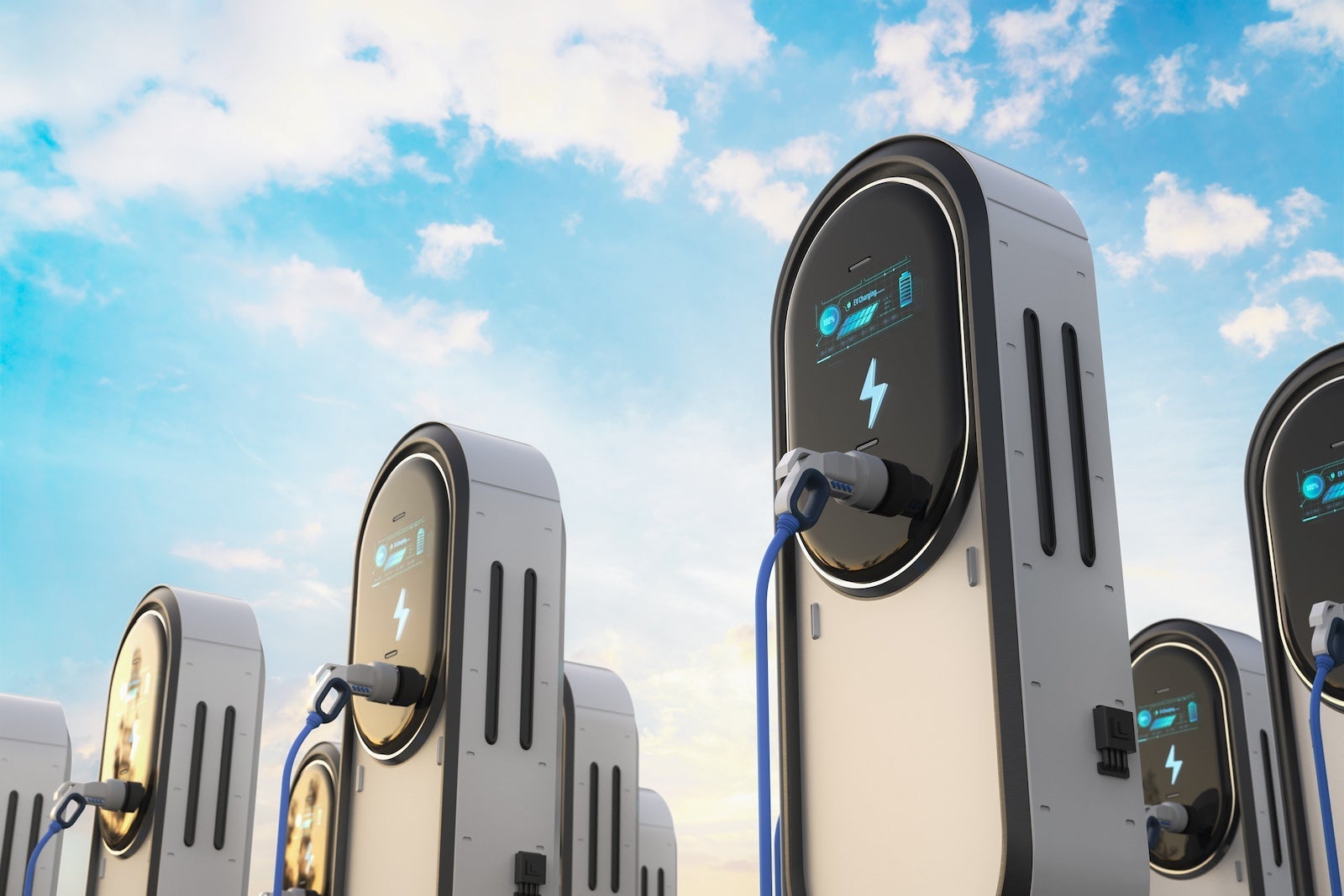 EV charging stations or electric vehicle recharging stations with graphic display