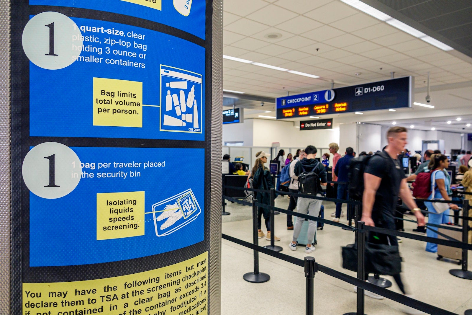 Miami, Florida, Miami International Airport, TSA checkpoint security screening information, limits per passenger, liquid containers 3 oz or less