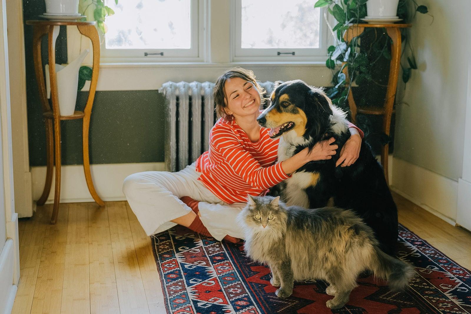 Woman playing with dog and cat at home