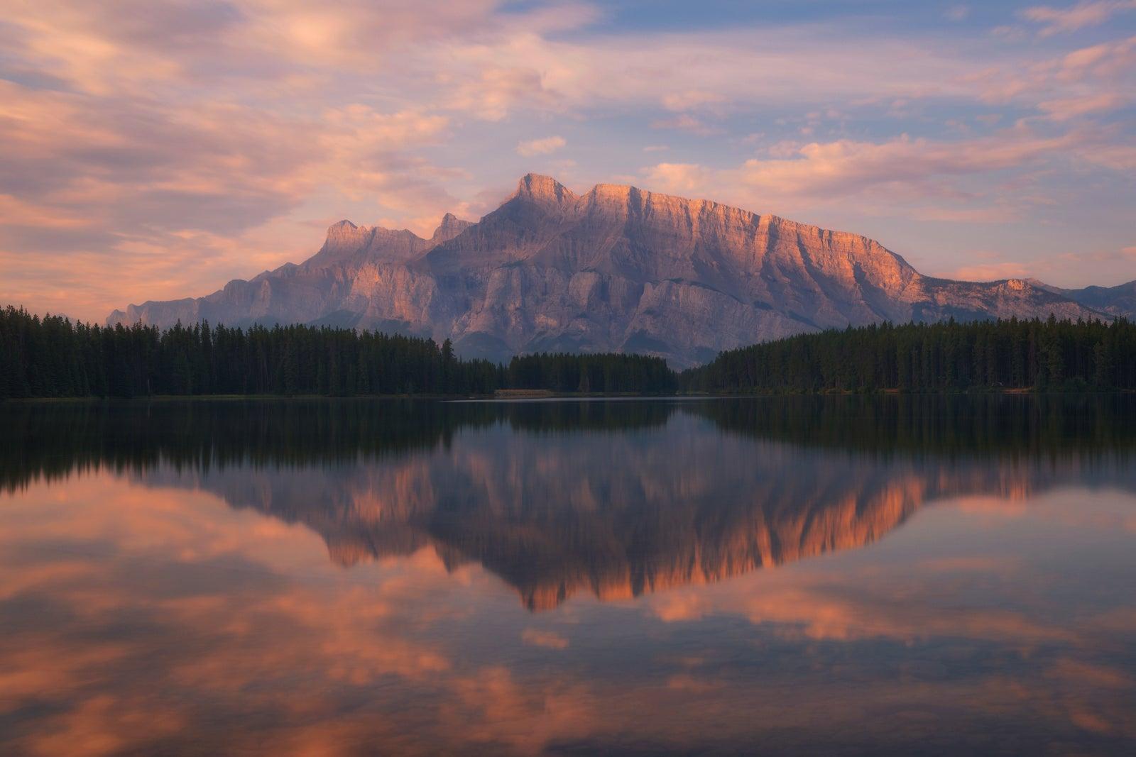 Mountain reflection in Two Jack Lake and Mount Rundle, Banff National Park, Alberta, Canada